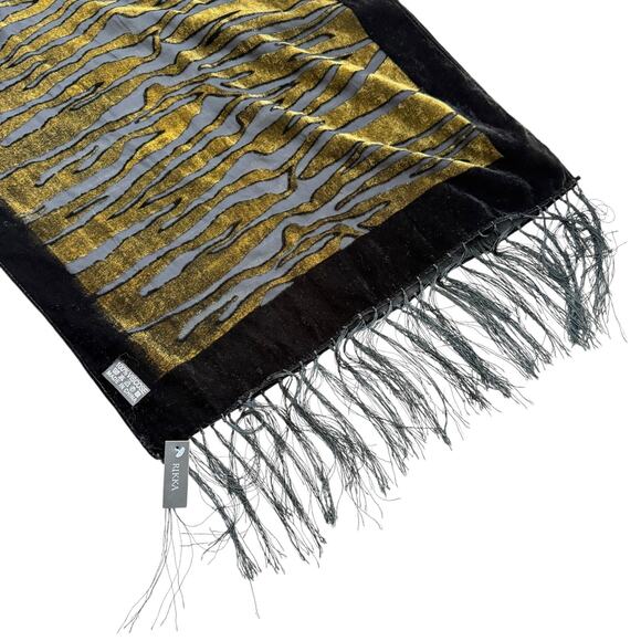 Rikka Scarf Womens 62" x 20" Green Black Velvet Brocaded Zebra Fringe Sheer - Picture 6 of 8